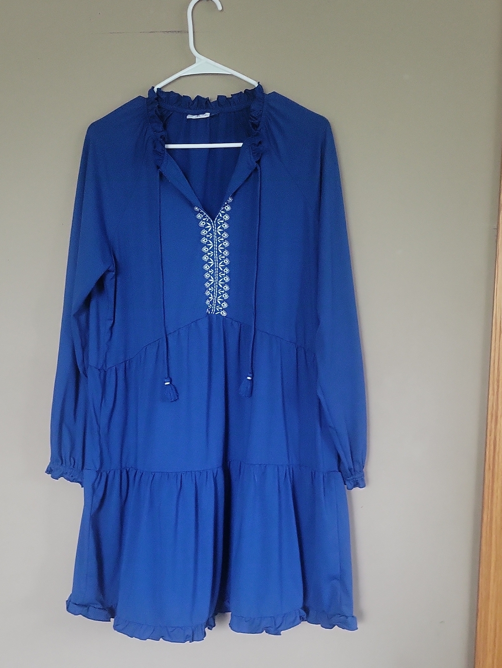 Cabana Life Cobalt Blue Embroidered Tiered Long-Sleeve Dress